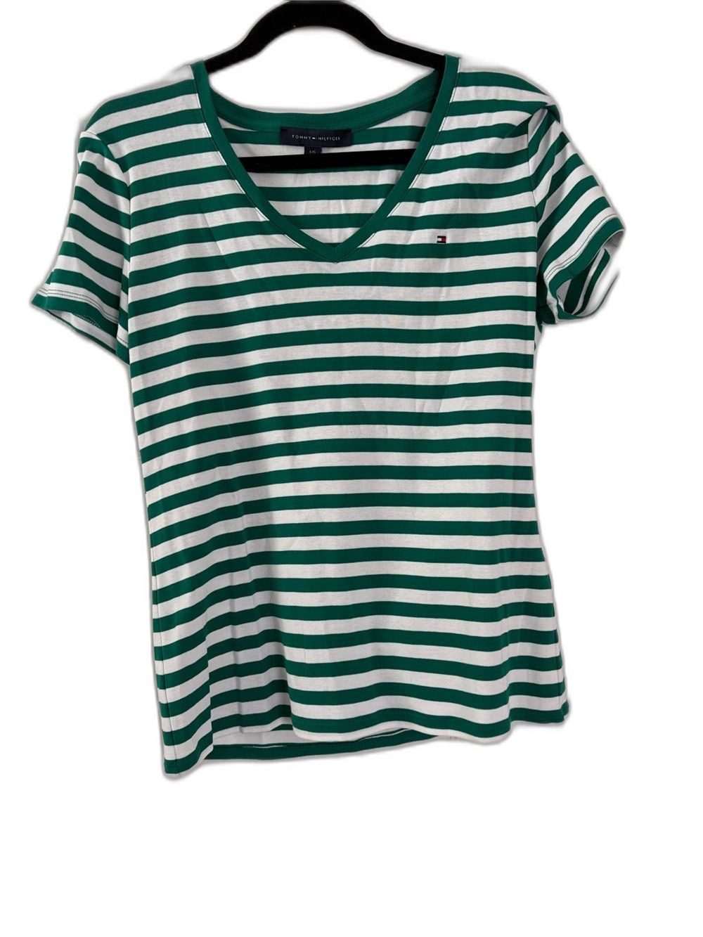 Tommy Hilfiger Women's Green and White Striped V-Neck T-Shirt Size Large